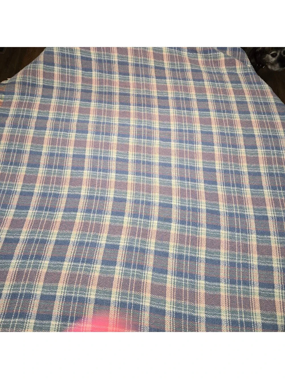 Vintage Country Homespun Plaid Throw Blanket Denim Blue Pink 46x60 Fringed
